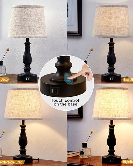 Table Lamps Set of 2, Bedside Nightstand Lamps with USB Charging Ports, 3 Way Dimmable Touch with Linen Fabric Lampshade, Modern Small Lamp for Bedrooms, Living Room (Bulbs Included) - LeafyLoom