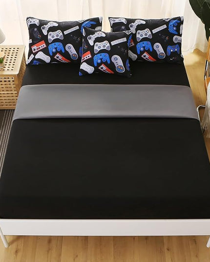 6Pcs Game Console Comforter Set with Sheets for Boys Girls Kids Teens, Gamepad Collection Themed Bed in A Bag Full Size, 3D Video Gamer Controller Bedroom Decor Bedding Set - LeafyLoom