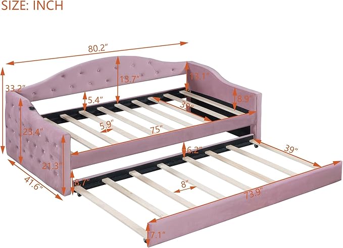 Twin Size Velvet Tufted Upholstered Daybed with Trundle, Modern Solid Wood Bed w/USB & Type-C Charging Ports, No Box-spring Needed, for Bedroom Living Room, Pink-1 - LeafyLoom