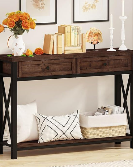 BON AUGURE Console Table with 2 Drawers, Entryway Table with Storage, Sofa Table Behind Couch for Living Room, Farmhouse Entry Table for Hallway, Foyer, Front Door (Rustic Oak, 47 Inch) - LeafyLoom