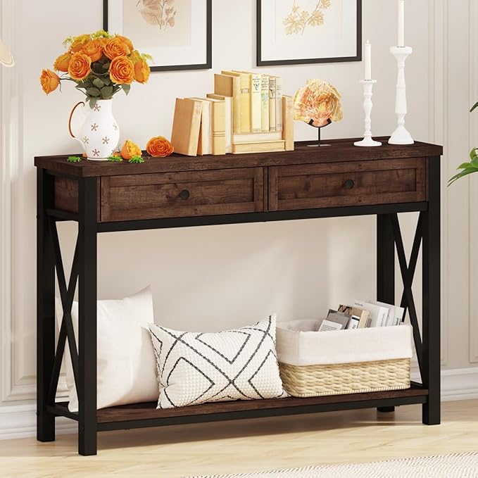 BON AUGURE Console Table with 2 Drawers, Entryway Table with Storage, Sofa Table Behind Couch for Living Room, Farmhouse Entry Table for Hallway, Foyer, Front Door (Rustic Oak, 47 Inch) - LeafyLoom