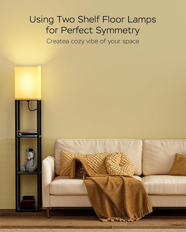 PAZZO Floor Lamp with Shelves by Solid Wood, Modern Shelf Floor Lamp with 3 Color Temperature, Linen Lampshade and Storage Shelves for Living Room, Bedroom, Bulb Included(Black) - LeafyLoom