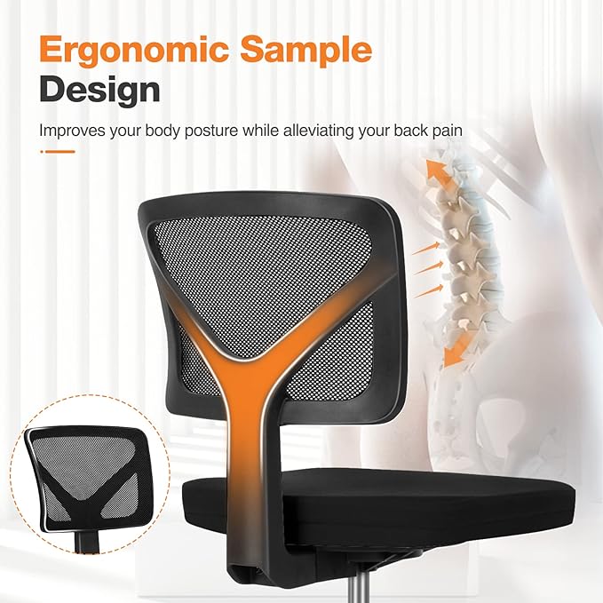 Armless Small Home Office Desk Chair, Ergonomic Low Back Computer Chair, Adjustable Rolling Swivel Task Chair with Lumbar Support for Small Space, 1 Pack - LeafyLoom