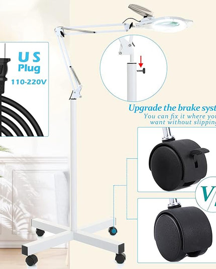 10X Magniyfing Floor Lamp with 4 Wheel Rolling Base for Estheticians 2,200 Lumens LED Magnifier Lighted Glass Lens, Adjustable Stand & Swivel Arm Floor Lamp for Reading, Crafts, Tasks-White - LeafyLoom
