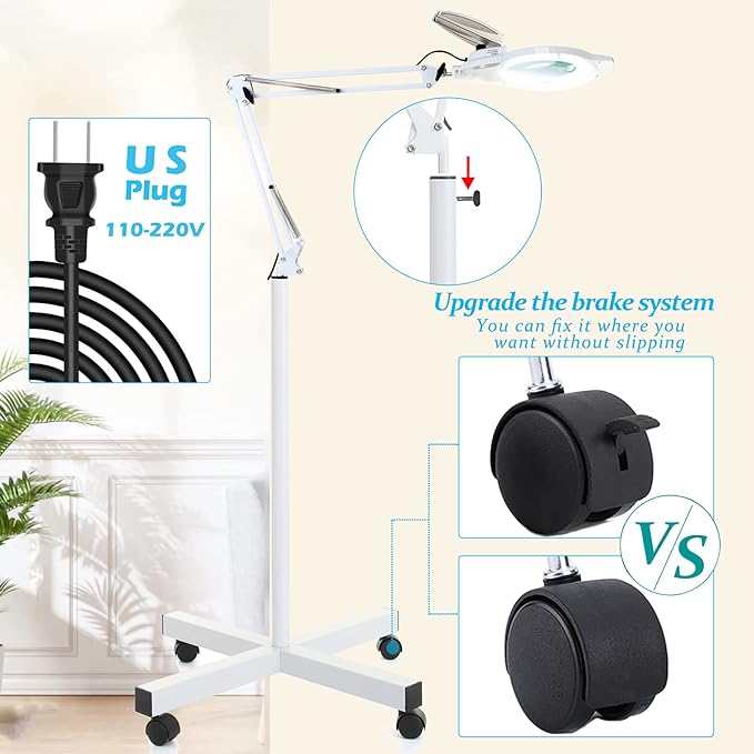 10X Magniyfing Floor Lamp with 4 Wheel Rolling Base for Estheticians 2,200 Lumens LED Magnifier Lighted Glass Lens, Adjustable Stand & Swivel Arm Floor Lamp for Reading, Crafts, Tasks-White - LeafyLoom