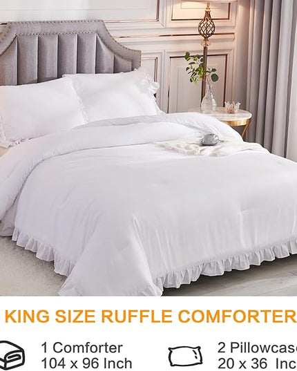 Andency White California King Comforter Set, 3 Pieces Shabby Chic Ruffle Solid Cal King Bedding Sets, Oversized All Season Soft Lightweight Down Alternative Bed Set for Adults Men Women - LeafyLoom