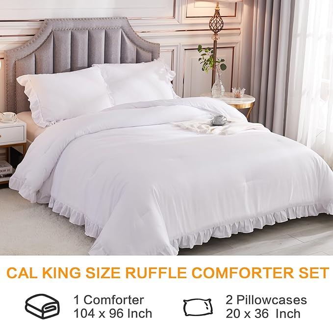 Andency White California King Comforter Set, 3 Pieces Shabby Chic Ruffle Solid Cal King Bedding Sets, Oversized All Season Soft Lightweight Down Alternative Bed Set for Adults Men Women - LeafyLoom