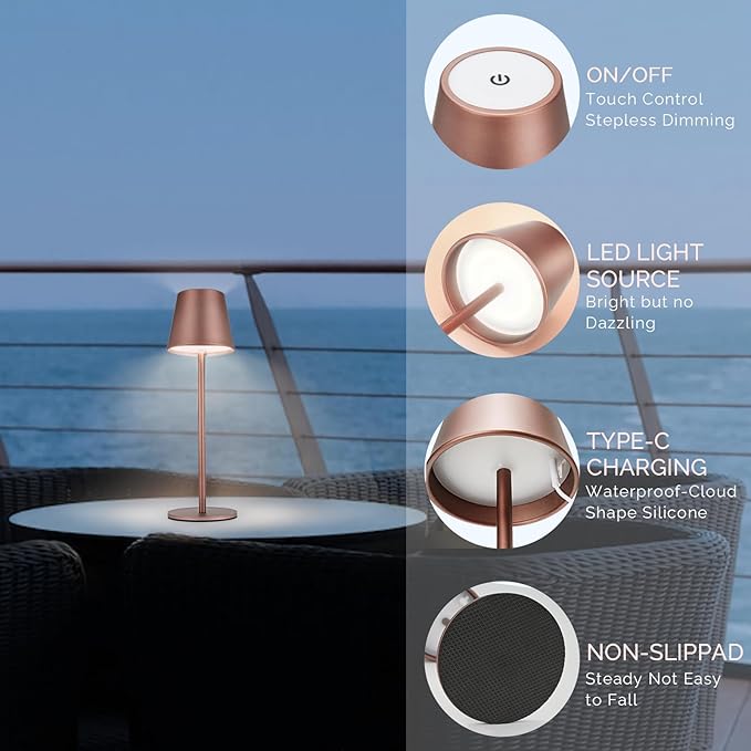 Maksone 2 pack LED Cordless Table Lamp, 6600mWh Rechargeable Battery Desk Lamp, 3000K Stepless Dimming Night Light, IP54 Waterproof Metal Outdoor Portable Lamp for Camping, Restaurant(Brown) - LeafyLoom