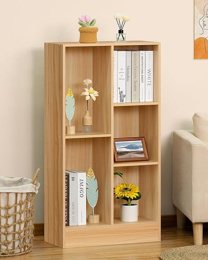 LEYAOYAO 5 Cube Mid-Century Modern Natural Wood Bookshelf with Base, 3 Tier Storage Organizer Shelf, Rustic Wood Display Cabinet for Bedroom, Living Room, Office - LeafyLoom