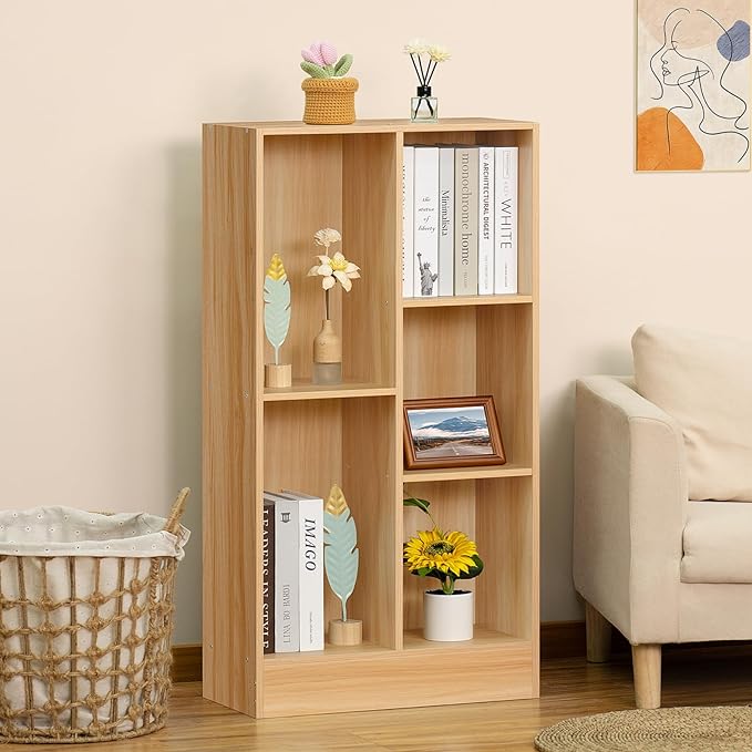 LEYAOYAO 5 Cube Mid-Century Modern Natural Wood Bookshelf with Base, 3 Tier Storage Organizer Shelf, Rustic Wood Display Cabinet for Bedroom, Living Room, Office - LeafyLoom