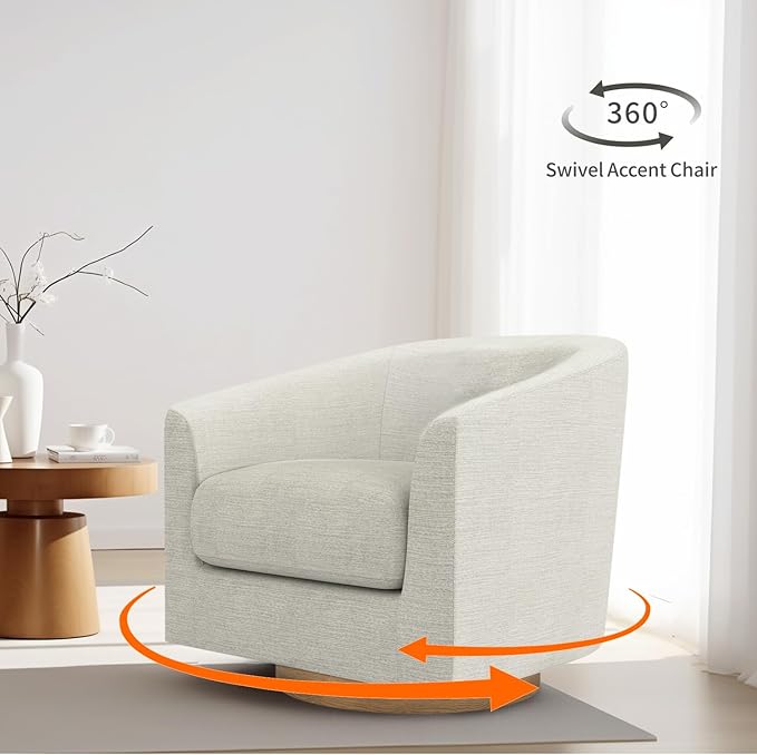 MUUEGM Accent Chair with Arms, 360 Degree Swivel Accent Chair with Wood Base, Modern Barrel Chair for Living Room, Bedroom, Waiting Room, Fully Assembled,Performance Fabric in Ivory White - LeafyLoom