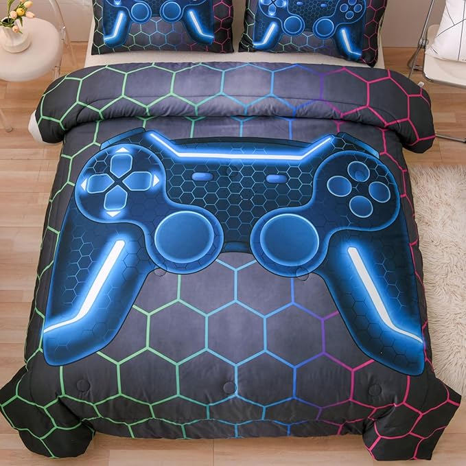 NTBED Game Console Comforter Set for Boys Girls Kids 3D Gaming Geometric Lightweight Microfiber Bedding Sets (Multi, Full) - LeafyLoom