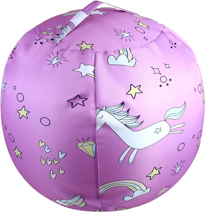 Stuffed Animal Storage Bean Bag Chairs Toy Storage Organizer Bean Bags Chair Covers Only for Kids 24" Beanbag with Zipper for Organizing Kid's and Adults Room, Pink White Unicorn - LeafyLoom