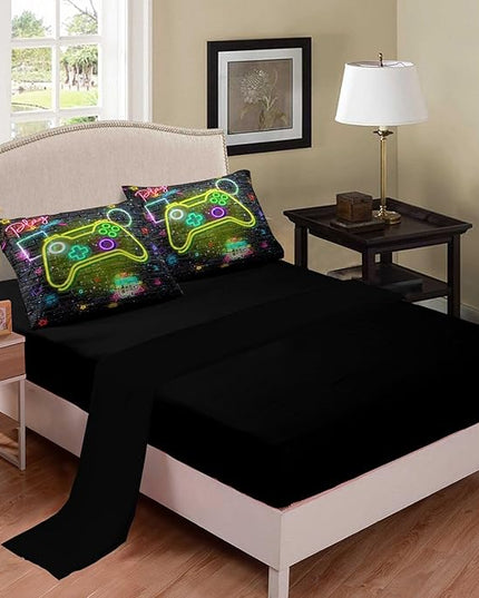 NINENINE Gaming Bedding 5PCS Queen Size Comforter Sets for Boys,Gamer Bedding Sets for Boys,Gampad Black Comforter Sheet Set(1Comforter, 1Flat Sheet, 1Fitted Sheet, 2Pillowcases)… - LeafyLoom