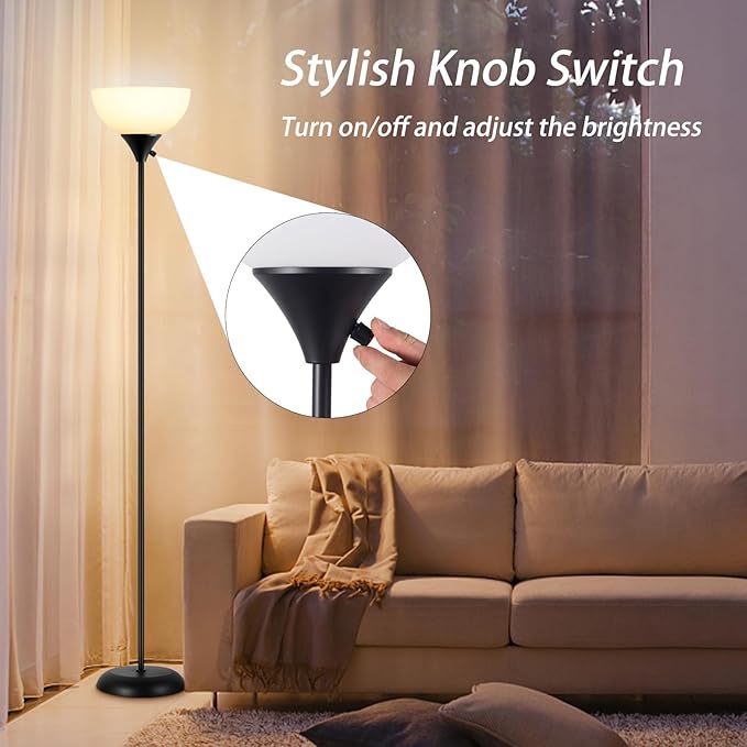 Floor Lamps for Living Room, Dimmable LED Modern Simple Standing Lamp, Tall Lamps for Bedroom Office Dining Room Kitchen, Minimalist Black Pole Lamp with Rotary Switch, 9W LED Bulb Included - LeafyLoom