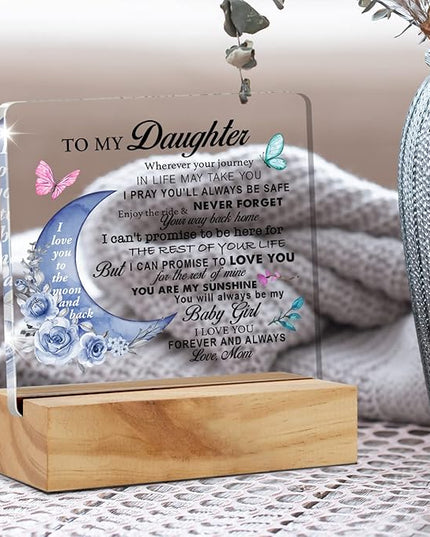 Daughter Gift From Mom, to My Daughter Wherever Your Journey in Life Desk Decor Moon Acrylic Desk Plaque Sign with Wood Stand Home Office Table Desk Sign Keepsake - LeafyLoom
