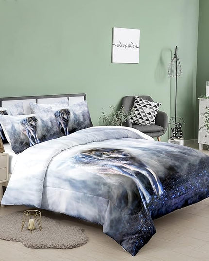 Bodhi Wild Wolf Comforter Set King for Boys,Mens Wolf Bedding Set, Wolf Standing in The Forest Surrounded by Fog, Wolf Comforter with Matching Pillowcases, 1 Comforter+2 Pillow Shams #4018 - LeafyLoom