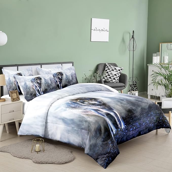 Bodhi Wild Wolf Comforter Set King for Boys,Mens Wolf Bedding Set, Wolf Standing in The Forest Surrounded by Fog, Wolf Comforter with Matching Pillowcases, 1 Comforter+2 Pillow Shams #4018 - LeafyLoom