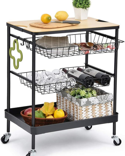 TOOLF Kitchen Island Serving Cart with Utility Wood Tabletop, 4-Tier Rolling Storage Cart with 2 Basket Drawers, Kitchen Cart with Wheels for Home, Dining Room, Bar, Restaurant, Hotel - LeafyLoom