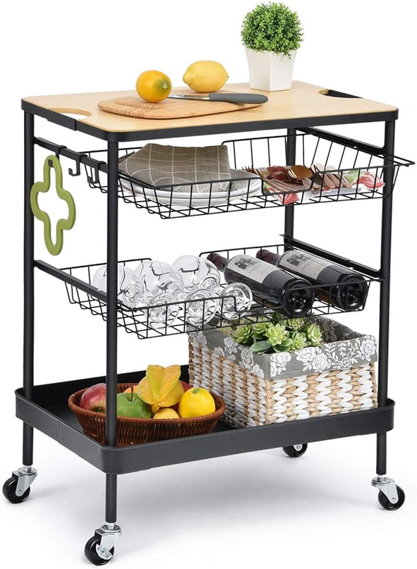 TOOLF Kitchen Island Serving Cart with Utility Wood Tabletop, 4-Tier Rolling Storage Cart with 2 Basket Drawers, Kitchen Cart with Wheels for Home, Dining Room, Bar, Restaurant, Hotel - LeafyLoom