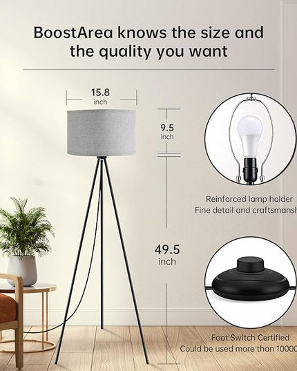 BoostArea Floor Lamp for Living Room, Tripod Floor Lamp, 15W LED Bulb, 3 Levels Dimmable Brightness, Gray Linen Lamp Shade, Mid Century Standing Lamp for Living Room, Bedroom, Study Room and Office - LeafyLoom