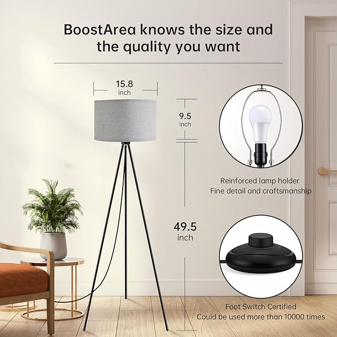 BoostArea Floor Lamp for Living Room, Tripod Floor Lamp, 15W LED Bulb, 3 Levels Dimmable Brightness, Gray Linen Lamp Shade, Mid Century Standing Lamp for Living Room, Bedroom, Study Room and Office - LeafyLoom