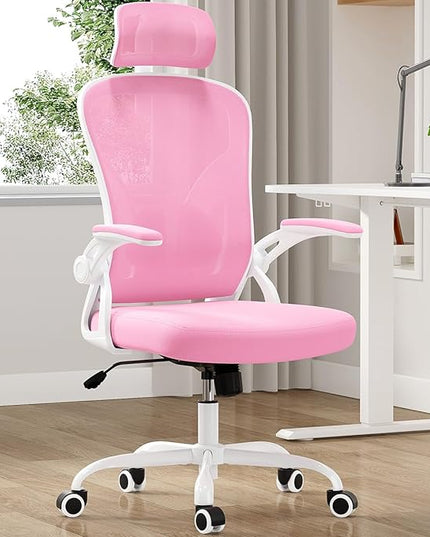 Farini Ergonomic Office Chair, Home Office Desk Chair with Headrest, High Back Computer Chair with Flip-up Armrests and Adjustable Lumbar Support for Home Office Study Room Bedroom, Pink. - LeafyLoom