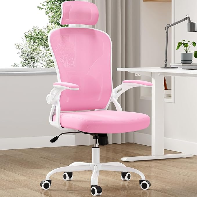 Farini Ergonomic Office Chair, Home Office Desk Chair with Headrest, High Back Computer Chair with Flip-up Armrests and Adjustable Lumbar Support for Home Office Study Room Bedroom, Pink. - LeafyLoom
