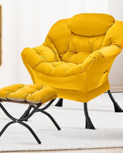 Lazy Chair with Folding Ottoman Modern Large Accent Chair,Contemporary Lounge Leisure Sofa Chair with Armrests Upholstered Sofa Armchair Reading Chair for Bedroom,Dorm & Office,Yellow - LeafyLoom