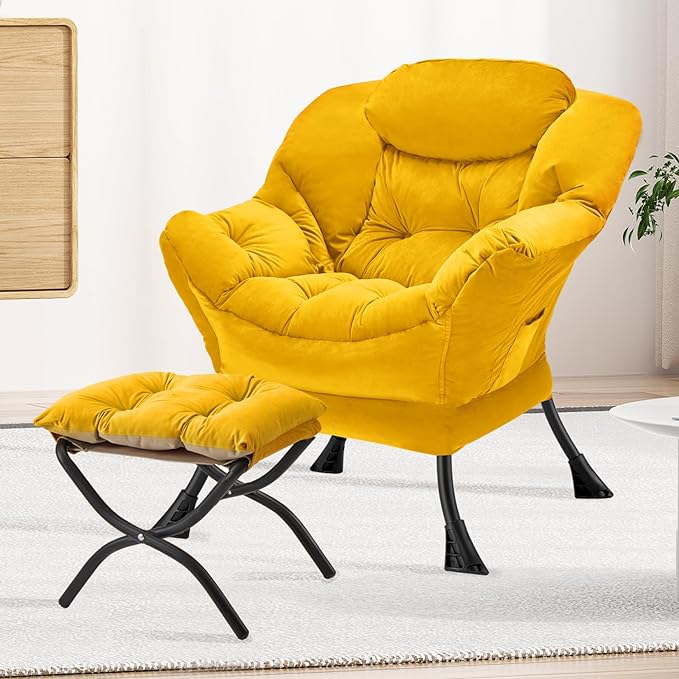 Lazy Chair with Folding Ottoman Modern Large Accent Chair,Contemporary Lounge Leisure Sofa Chair with Armrests Upholstered Sofa Armchair Reading Chair for Bedroom,Dorm & Office,Yellow - LeafyLoom