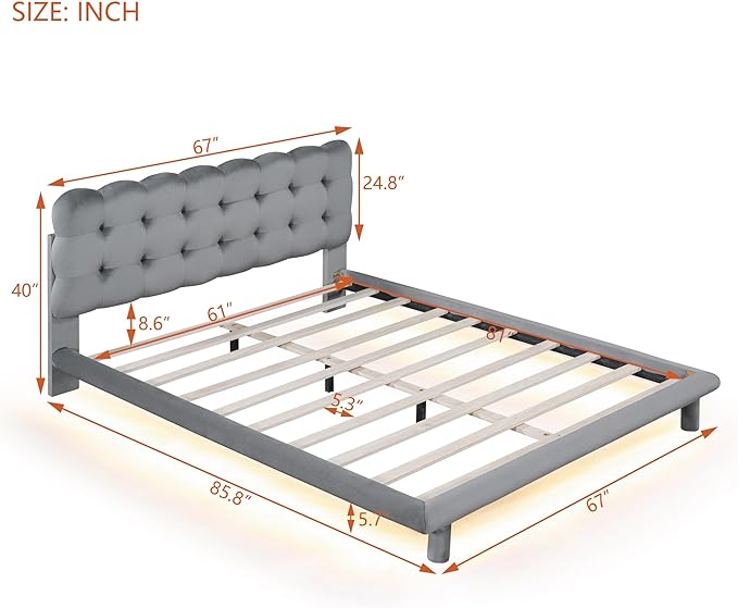 Queen Size Velvet Platform Bed with LED Lights and Remote Control,Bedroom Wooden Bed Frame w/Thick & Soft Fabric,Button-tufted Design Headboard,for Girls Boys Kids Teens Adults,Gray - LeafyLoom