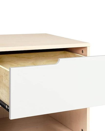 Babyletto Hudson Nightstand with USB Port in Washed Natural and White, 1 Drawer and Storage Cubby - LeafyLoom