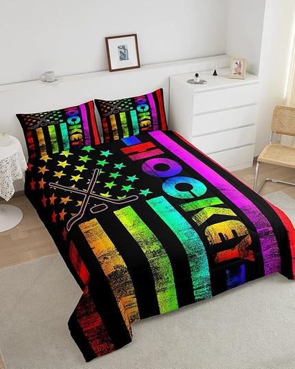 Erosebridal Boys Ice Hockey Bedding Set King Neon Rainbow American Flag Comforter Set for Kids Teen,Winter Sports Games Bed Comforter Set Retro Colorful Stripes Stars Quilt Duvet 2 Pillow Cases Black - LeafyLoom