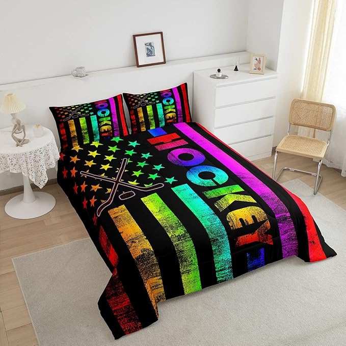 Erosebridal Boys Ice Hockey Bedding Set King Neon Rainbow American Flag Comforter Set for Kids Teen,Winter Sports Games Bed Comforter Set Retro Colorful Stripes Stars Quilt Duvet 2 Pillow Cases Black - LeafyLoom