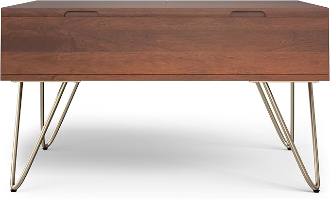 SIMPLIHOME Hunter SOLID MANGO WOOD Wide Square Industrial Lift Top Coffee Table for The Living Family Room, 32 inch, Umber Brown, Gold - LeafyLoom