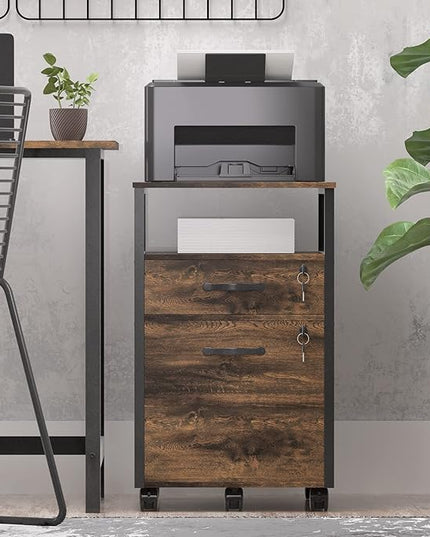 2 drawer file cabinet with lock, Wood Filing Cabinet for Home Office with Wheels and Open Shelf, Small Rolling Printer Stand and Under Desk File Cabinets for A4/Letter-Size Files-Brown - LeafyLoom