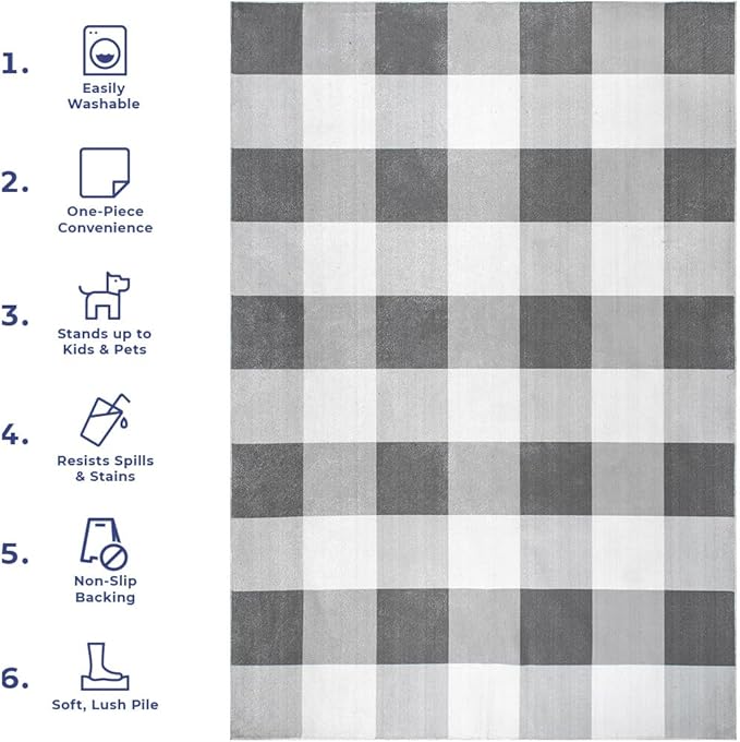 nuLOOM Lucy Machine Washable Farmhouse Buffalo Plaid Ultra Thin Area Rug, 6' Square, Grey - LeafyLoom