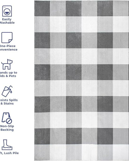 nuLOOM Lucy Machine Washable Farmhouse Buffalo Plaid Runner Rug, 2' 6" x 8', Grey, Rectangular, 0.1" Thick - LeafyLoom
