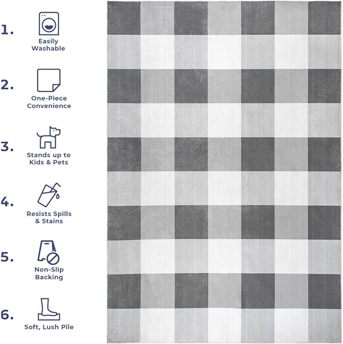 nuLOOM Lucy Machine Washable Farmhouse Buffalo Plaid Runner Rug, 2' 6" x 8', Grey, Rectangular, 0.1" Thick - LeafyLoom