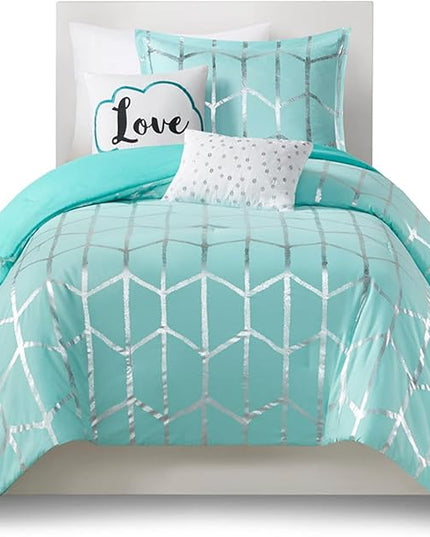 Intelligent Design Raina Twin / Twin XL Comforter Set, Soft Microfiber Comforter Set Twin, Modern Geometric Metallic Bed Set, 4 Pieces College Bedding Comforter Set with 1 Sham, 2 Toss Pillows Aqua - LeafyLoom