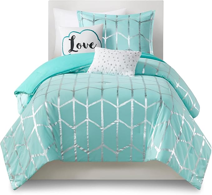 Intelligent Design Raina Twin / Twin XL Comforter Set, Soft Microfiber Comforter Set Twin, Modern Geometric Metallic Bed Set, 4 Pieces College Bedding Comforter Set with 1 Sham, 2 Toss Pillows Aqua - LeafyLoom