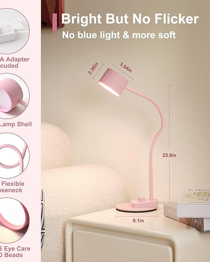 Cute Desk Lamp with USB C + A Charging Port, 5 Colors Dimmable Reading Lamps, Minimalist Pink Lamp for Kids, Eye Care Metal Bedside Table Lamp with Timer Flexible Gooseneck Desk Light for Home Office - LeafyLoom