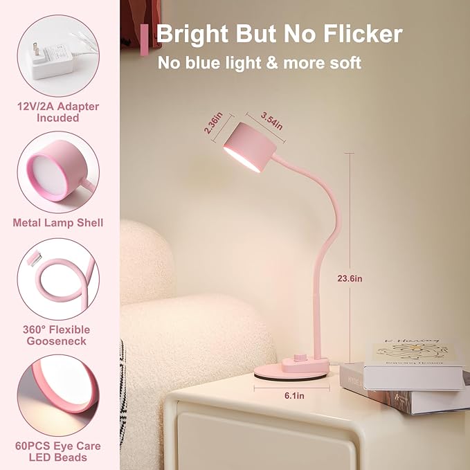 Cute Desk Lamp with USB C + A Charging Port, 5 Colors Dimmable Reading Lamps, Minimalist Pink Lamp for Kids, Eye Care Metal Bedside Table Lamp with Timer Flexible Gooseneck Desk Light for Home Office - LeafyLoom