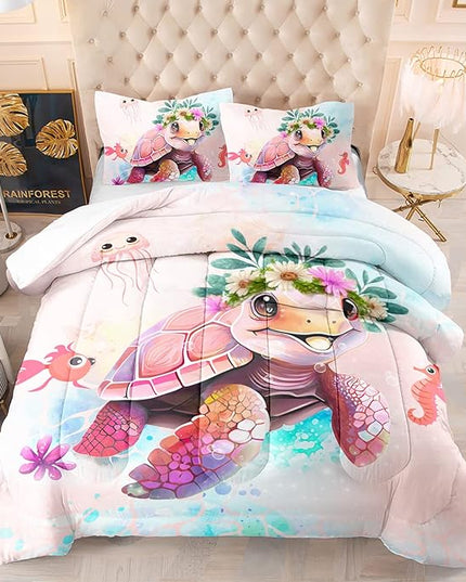 CVHOUSE Kawaii Sea Turtle Comforter Set Twin Size,Ocean Theme Bedding Set for Girls Kids,Tie Die Turtle Quilt Set Ocean Turtle Duvet Set Ocean Decor 3 Pieces - LeafyLoom