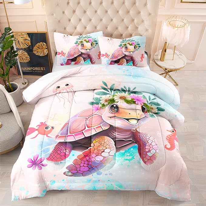 CVHOUSE Kawaii Sea Turtle Comforter Set Twin Size,Ocean Theme Bedding Set for Girls Kids,Tie Die Turtle Quilt Set Ocean Turtle Duvet Set Ocean Decor 3 Pieces - LeafyLoom