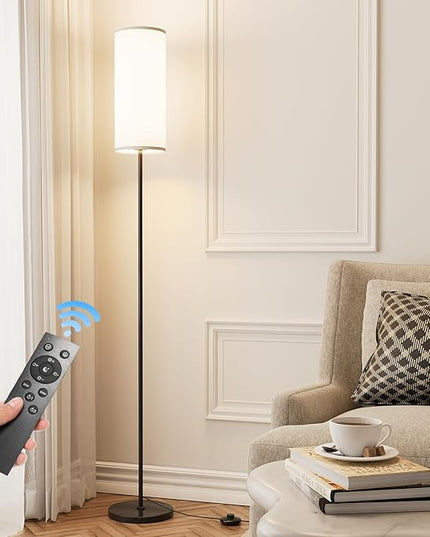 Floor Lamp for Living Room, Modern Standing lamp with Remote Control, Stepless Dimmable 12W Bulb & Beige Lampshade Included, Black Pole Tall Floor Lamp for Bedroom Office - LeafyLoom