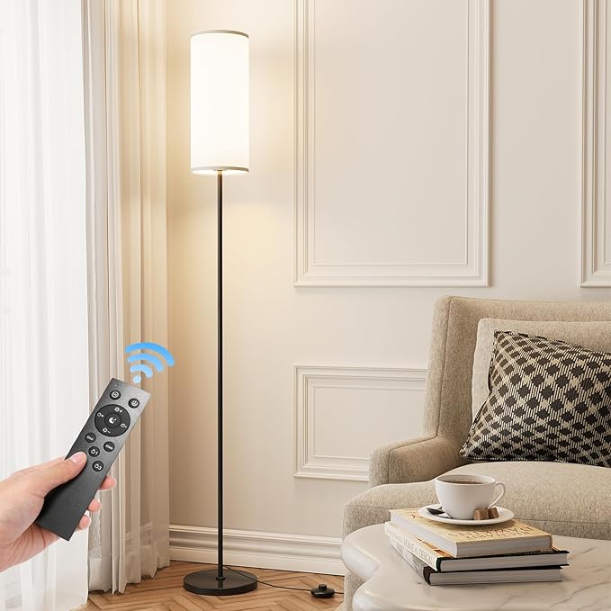 Floor Lamp for Living Room, Modern Standing lamp with Remote Control, Stepless Dimmable 12W Bulb & Beige Lampshade Included, Black Pole Tall Floor Lamp for Bedroom Office - LeafyLoom