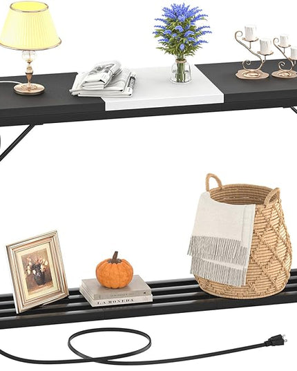 Narrow Console Table with Power Strips, Sofa Table with Storage Shelves for Living Room, 2-Tier Foyer Table for Entryway, Hallway, Behind Couch, Kitchen Counter, 39'', Black & White - LeafyLoom
