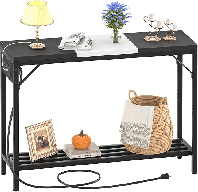 Narrow Console Table with Power Strips, Sofa Table with Storage Shelves for Living Room, 2-Tier Foyer Table for Entryway, Hallway, Behind Couch, Kitchen Counter, 39'', Black & White - LeafyLoom