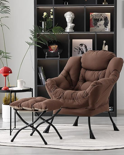 Lazy Chair with Ottoman, Modern Accent Chair Contemporary Lounge Leisure Upholstered Sofa Chair Set with Armrests, Reading Chair for Living Room, Bedroom, Office, Dark Brown - LeafyLoom